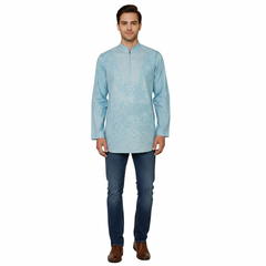 Mesh Fabric Quarter-Zip Long-Sleeve Fancy Kurta