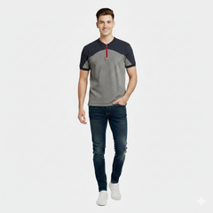 Thermal Quarter Zip Polo Shirt with Navy Blue Contrast Sleeves