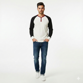 Ribbed Y-Neck Raglan Contrast Long Sleeve T-Shirt
