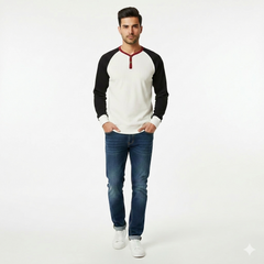 Ribbed Y-Neck Raglan Contrast Long Sleeve T-Shirt