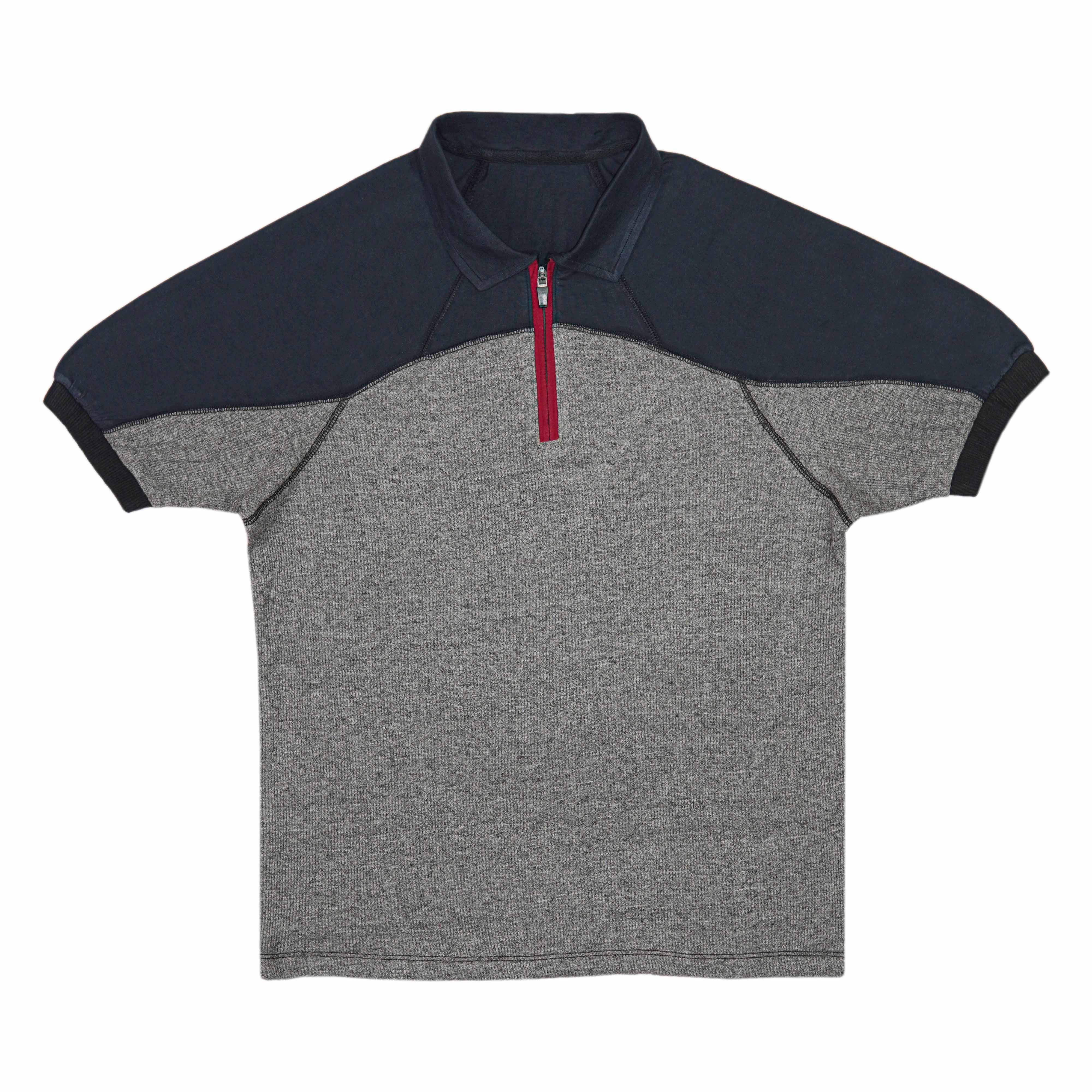 Thermal Quarter Zip Polo Shirt with Navy Blue Contrast Sleeves