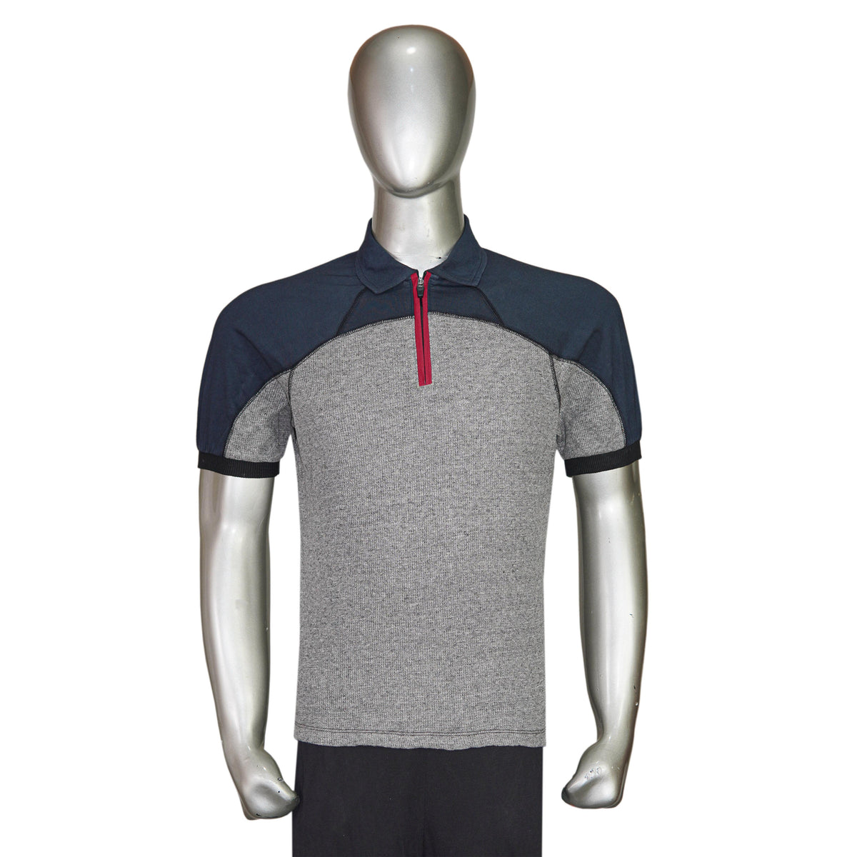 Thermal Quarter Zip Polo Shirt with Navy Blue Contrast Sleeves
