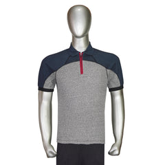 Thermal Quarter Zip Polo Shirt with Navy Blue Contrast Sleeves