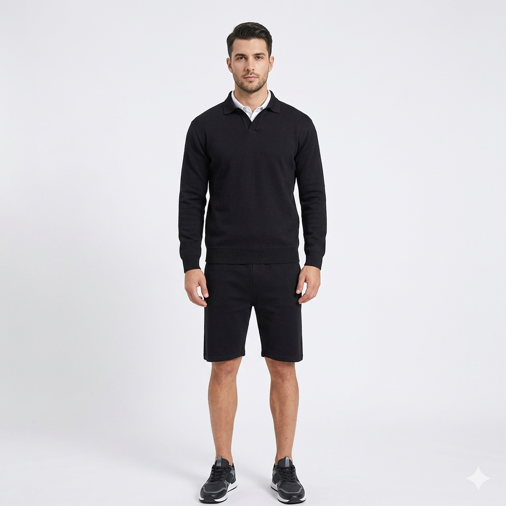 Long Sleeve Placket Polo Shirt with Short Tracksuit