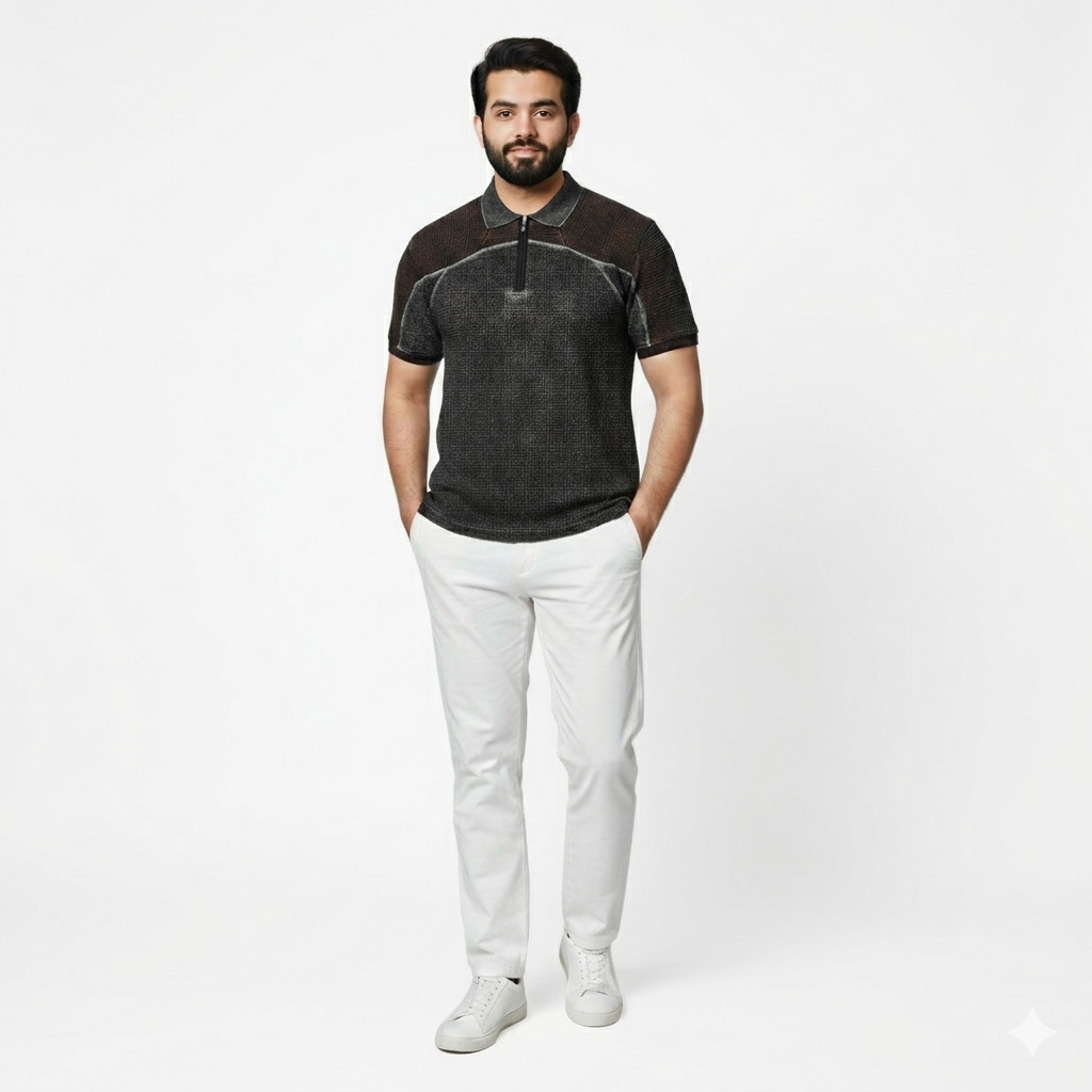 Thermal Contrast Vintage Wash Polo Shirt With Knitted Collar