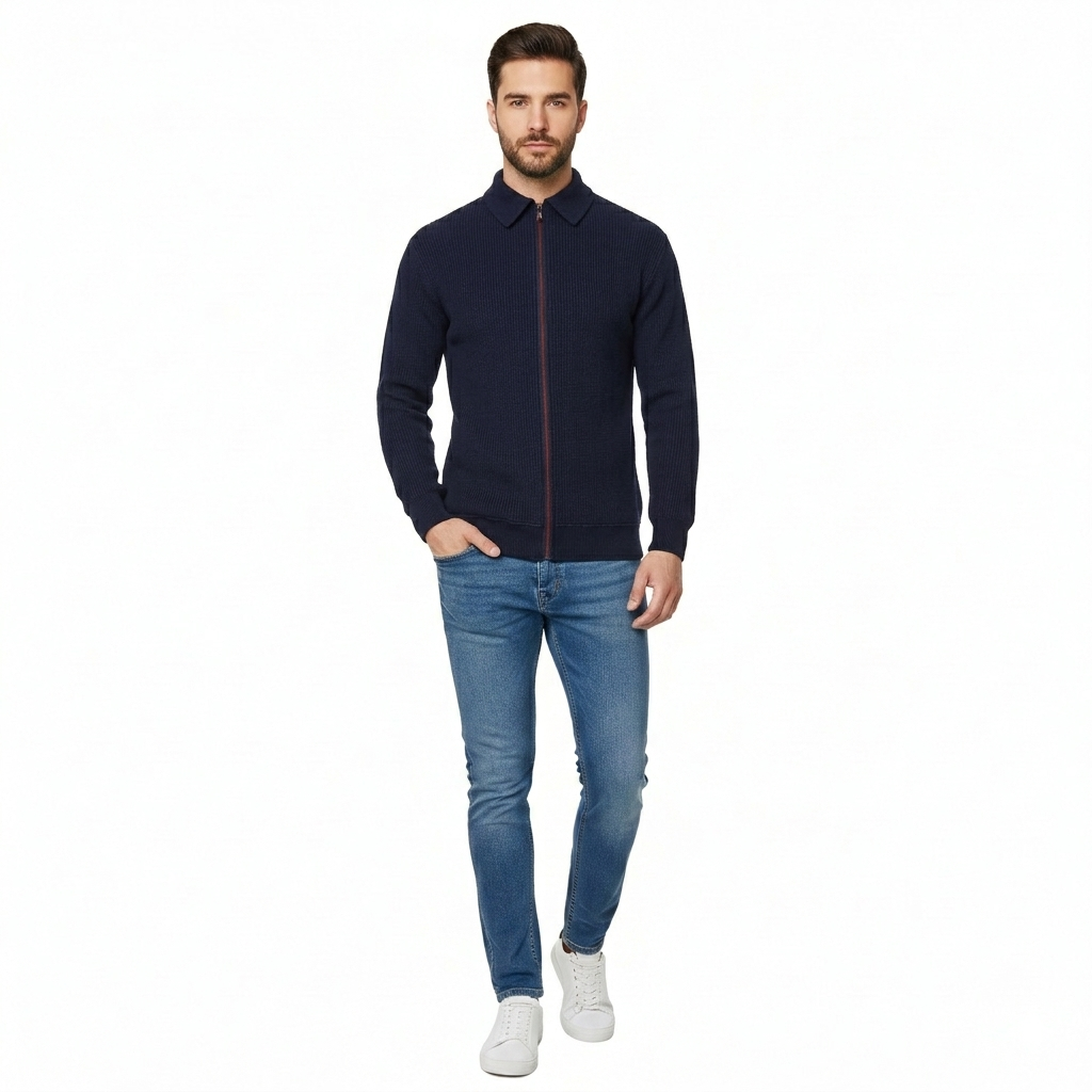 Men’s Long Sleeve Full Zip Rib Polo Shirt