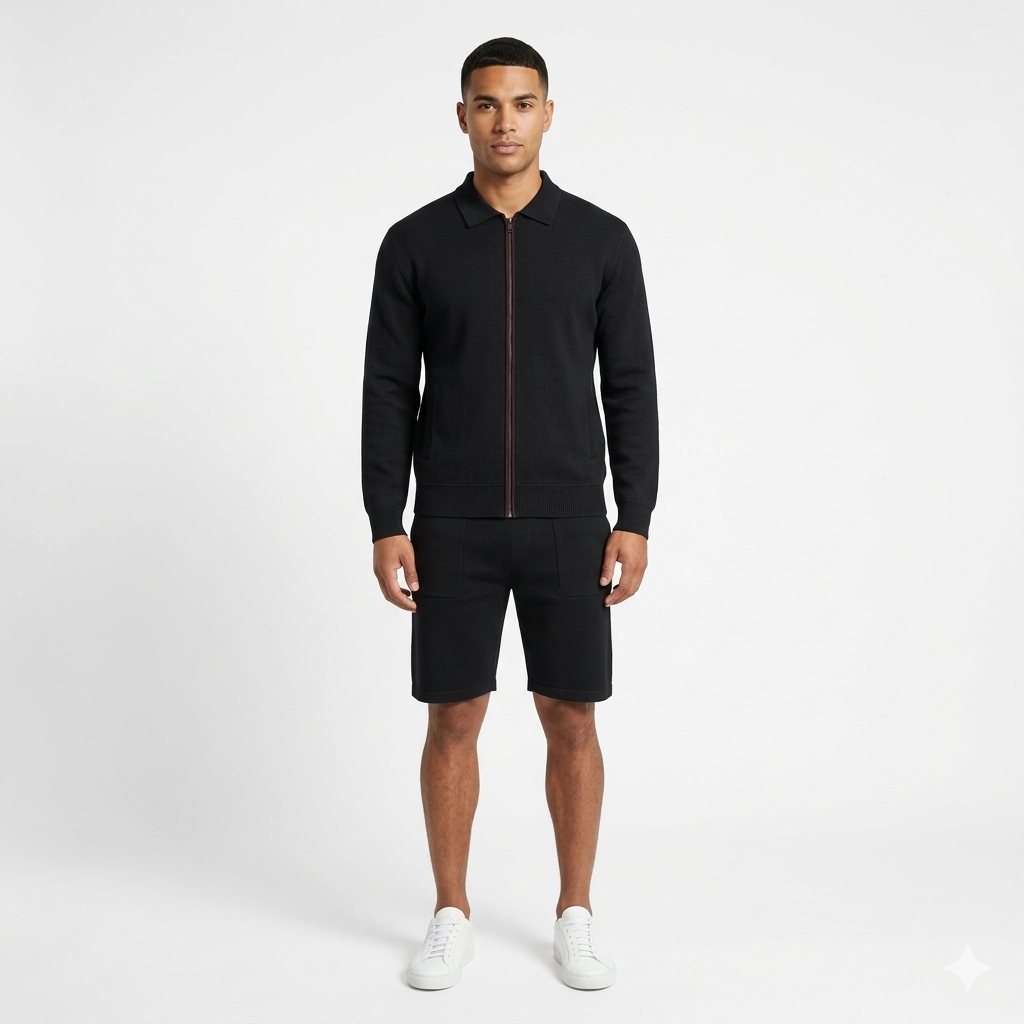 Full Zip Long Sleeve Polo Shirt with Short Tracksuit