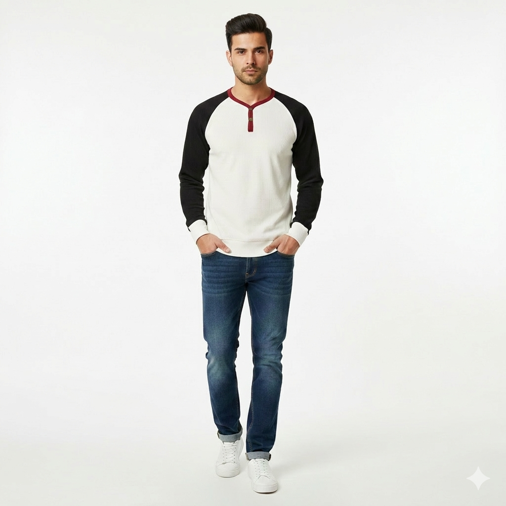 Ribbed Y-Neck Raglan Contrast Long Sleeve T-Shirt