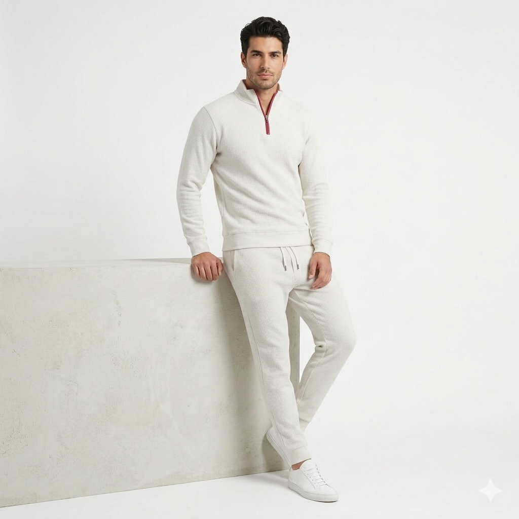 Quarter Zip Long Sleeve Rib Sweatshirt with Rib Trouser