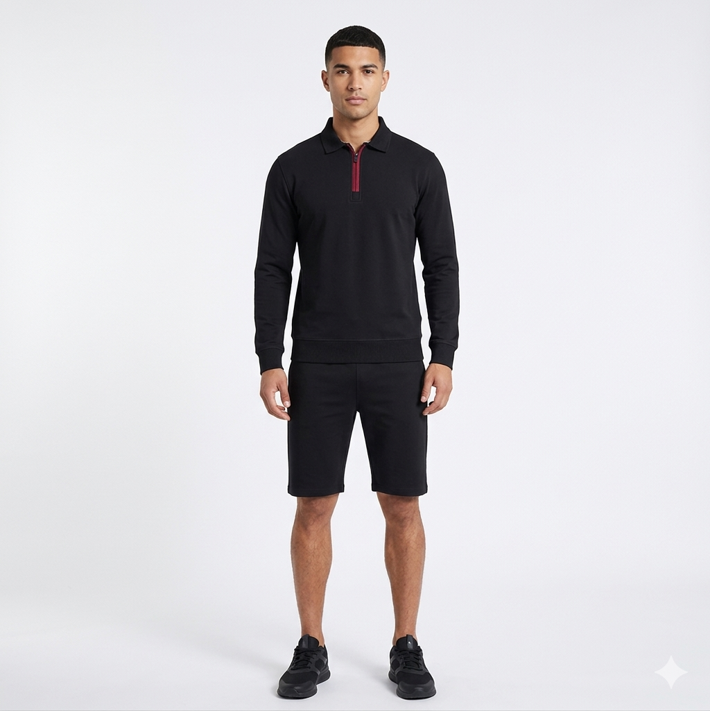4-Way Stretched Quarter Zip Long Sleeve Polo Shirt with Shorts Tracksuit