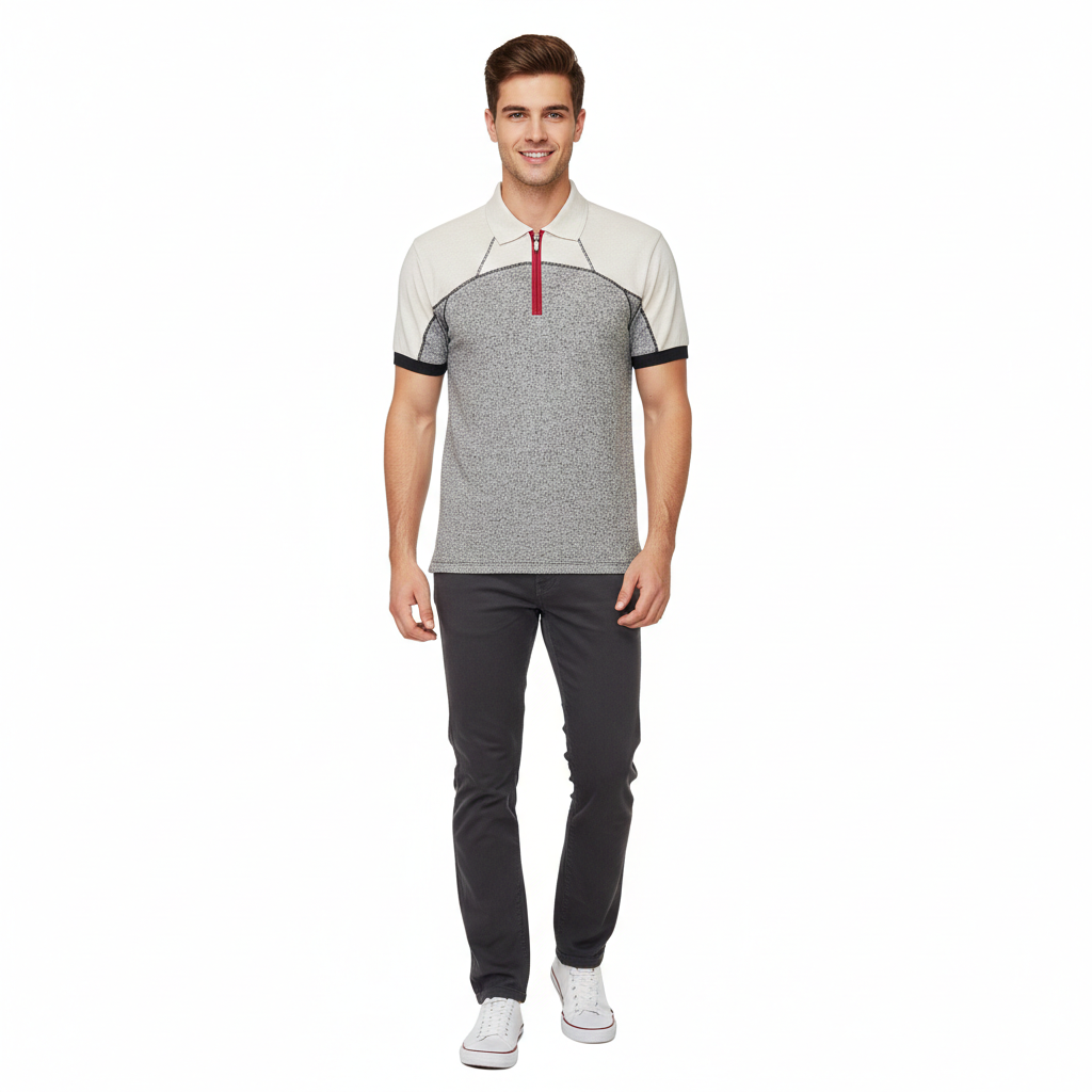 Thermal Quarter Zip Polo Shirt with Off-White Contrast Sleeves