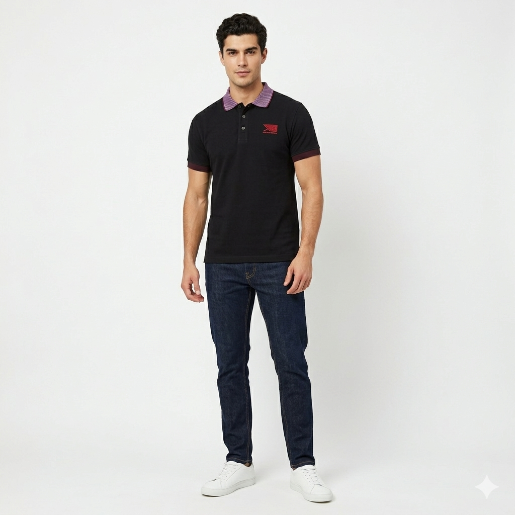Black Acid Washed Contrast Collar Polo Shirt