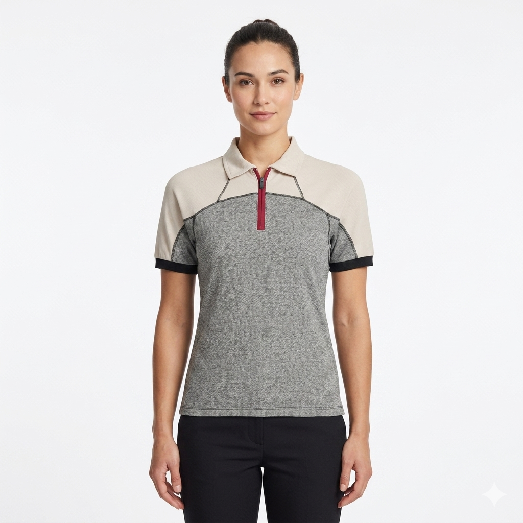 Thermal Quarter Zip Polo Shirt with Off-White Contrast Sleeves