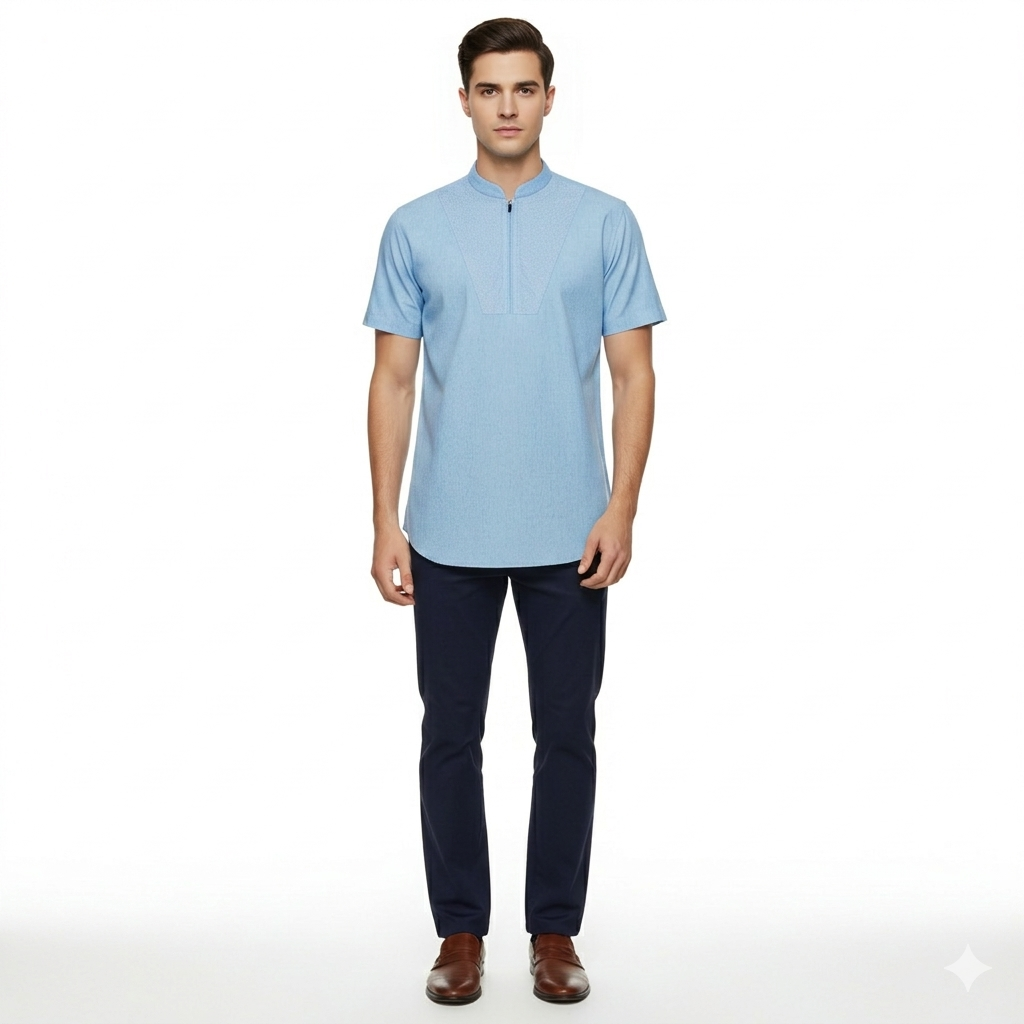 Mesh Fabric Quarter-Zip Short-Sleeve Fancy Kurta
